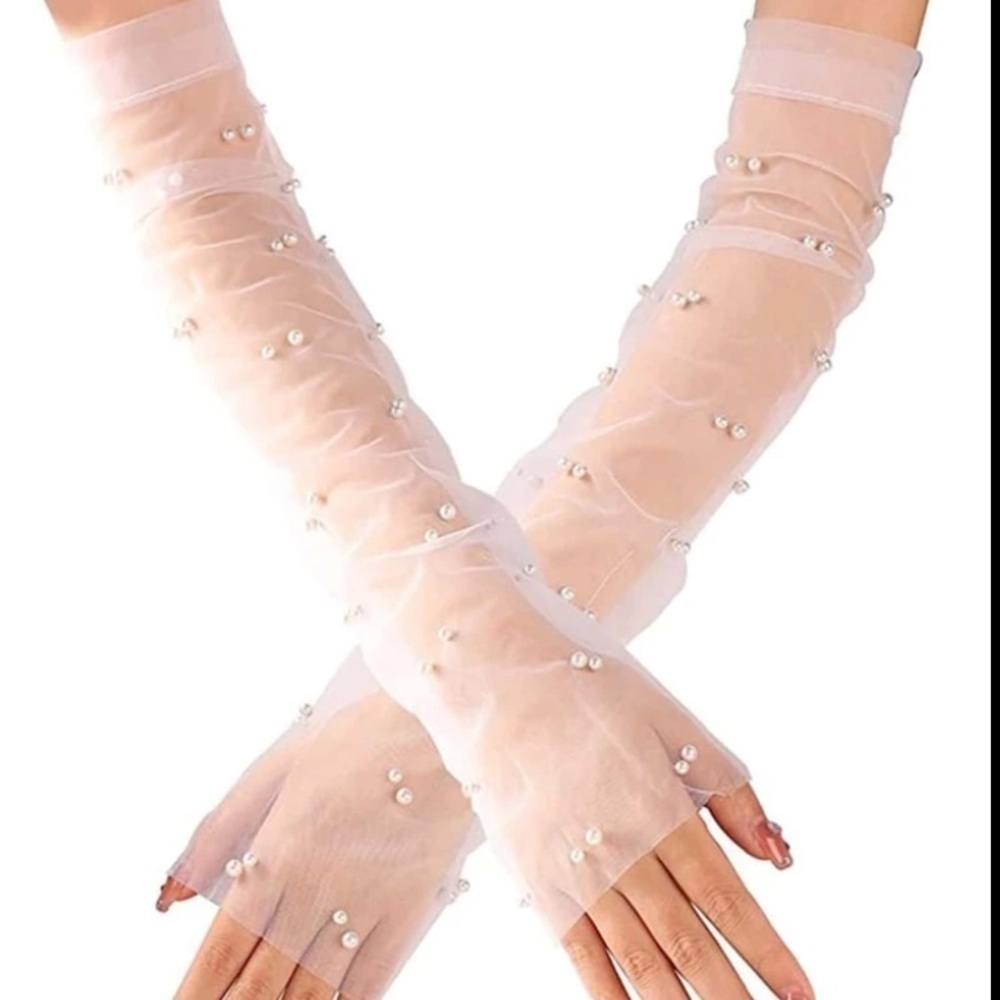 Anthropologie Pearl Tulle Fingerless Bridal Gloves Sheer Mesh Wedding Coquette - Picture 3 of 5